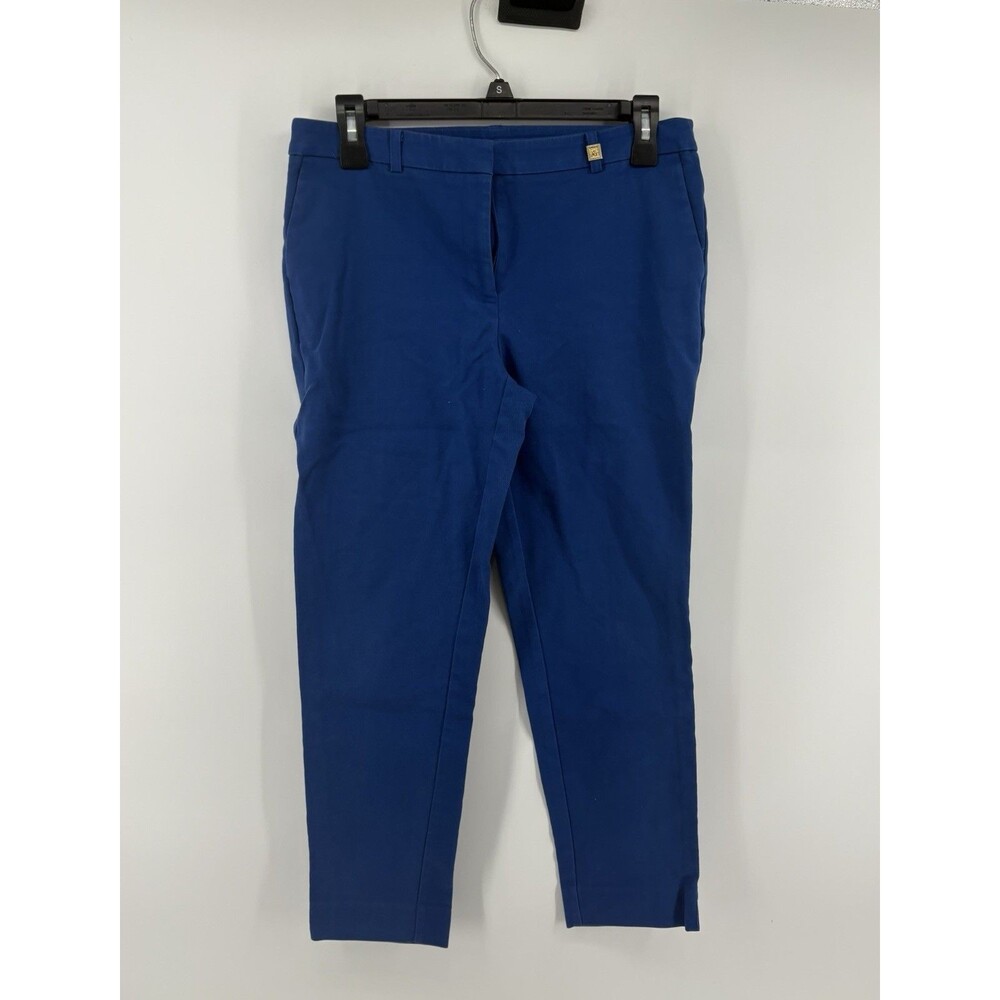 ANNE KLEIN Blue Dress Pants Gold Button Detail Flat Front Slim Stretch Fit SZ 4